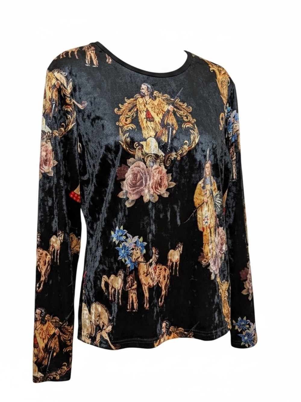 Vintage Western Horse Native American Crushed Velvet Southwest Black Floral top